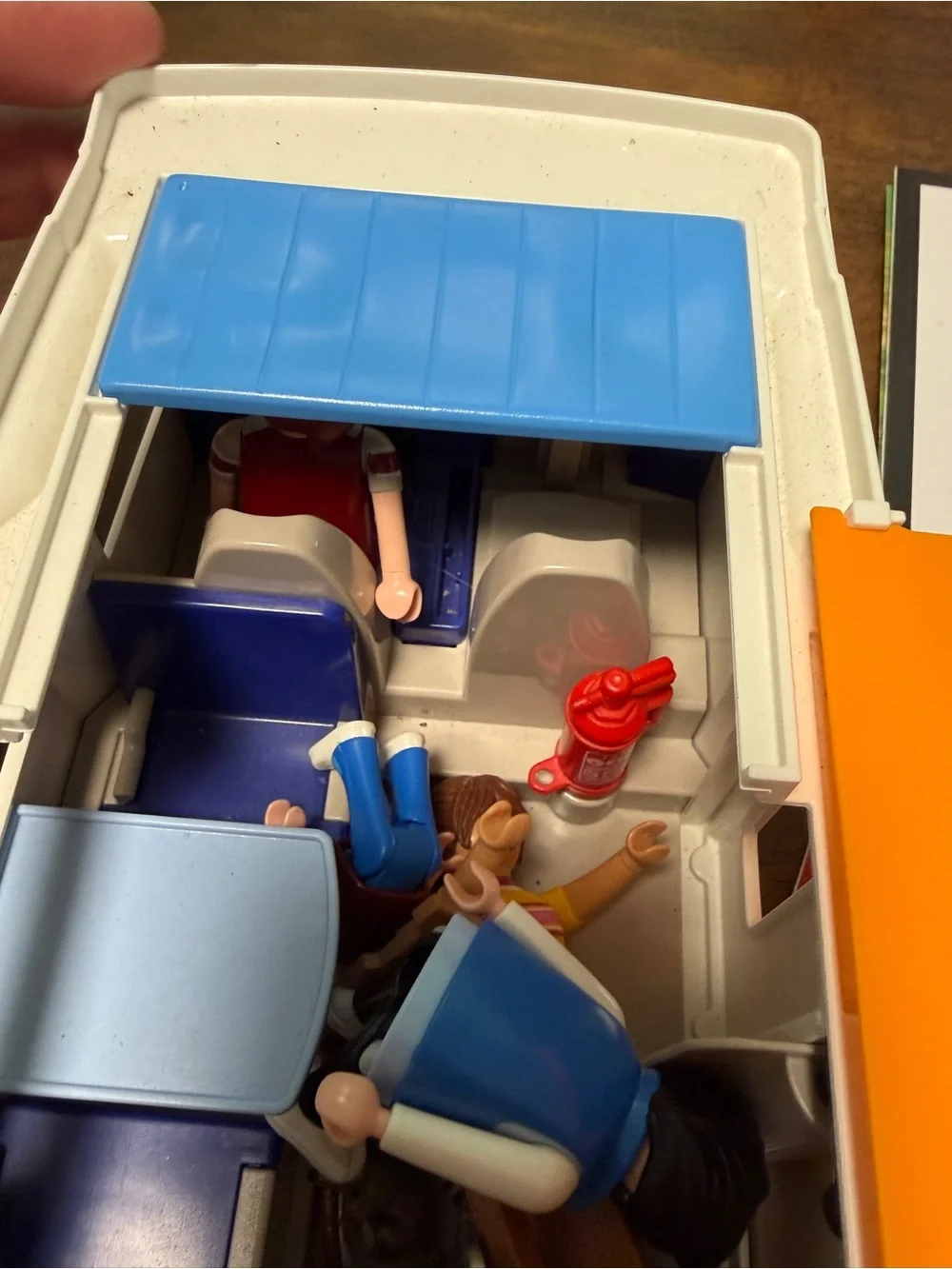 White and Blue Toy Camper with Orange Accent - Kids Vehicle Playset